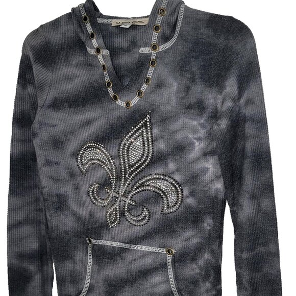 Fleur de Lis Girl's Camouflage Gray Thermal Hoodie - Picture 3 of 5